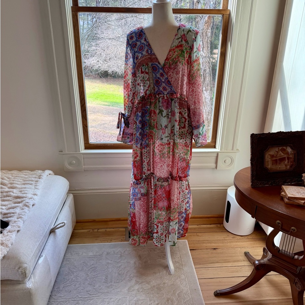 Zara Swiss Dot Patchwork Midi Ruffled Dress. Size Large